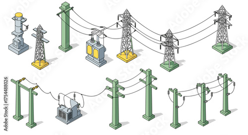 Isometric power lines and transformer structures in industrial scene