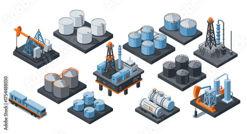 Isometric industrial oil and gas facilities set