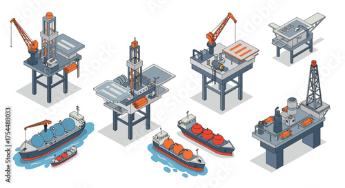 Isometric offshore oil platforms and cargo ships with cranes in ocean environment