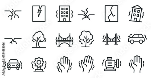 Earthquake preparedness outline icons set – solid, filled, disaster and safety images