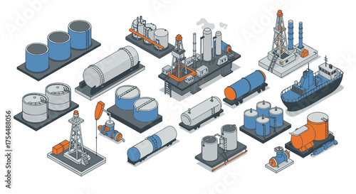 Isometric industrial equipment and oil refinery set for energy sector projects