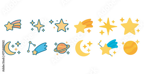 Astronomy and space icons set – filled, celestial, cosmic and stargazing symbols