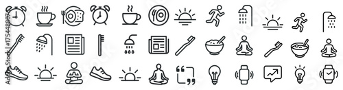 Daily routine linear icons set – outline, minimalist, lifestyle and relaxation symbols