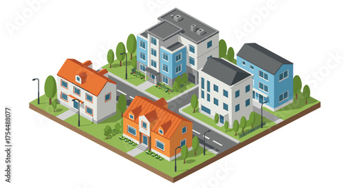 Isometric city block with residential buildings and green spaces