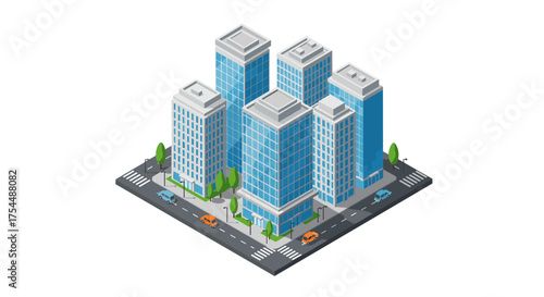 Isometric city block with modern office buildings and streetscape