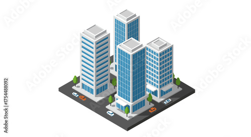 Isometric cityscape with modern office buildings and streets
