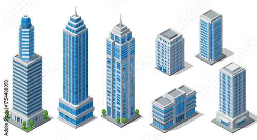Isometric blue skyscrapers and modern buildings collection