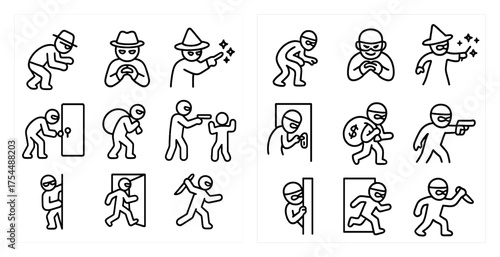 Security and crime outline icons set – linear, silhouette, burglary and protection symbols