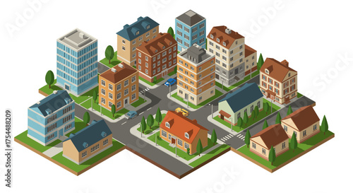 Isometric cityscape with colorful buildings in residential neighborhood