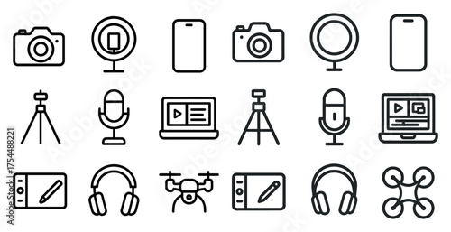 Photography and media icons set – outline, line, camera and microphone symbols