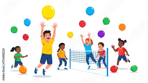 Balloon Volleyball: A vibrant illustration captures the joy of childhood as a group of kids engage in a spirited game of balloon volleyball.