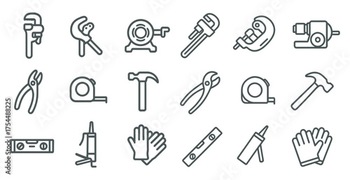 Plumbing tools outline icons set – flat, linear, handyman essentials