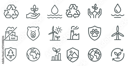 Sustainability outline icons set – linear, eco, environment and conservation symbols.