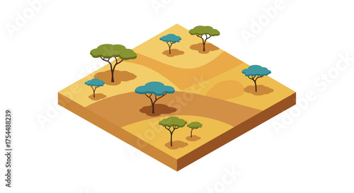 Isometric desert landscape with sparse trees and sand dunes