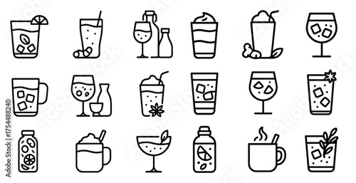 Beverage and drink outline icons set – linear, cocktail and refreshment symbols