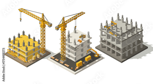 Construction site with yellow cranes and concrete structures in isometric style