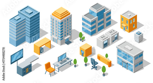 Modern isometric cityscape with urban buildings and furniture elements