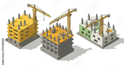 Isometric construction site with colorful building phases and cranes