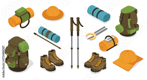 Isometric camping gear set: backpacks, boots, and equipment essentials
