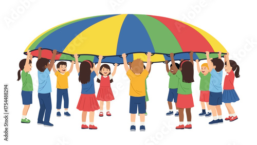 Joyful Childhood Under Rainbow Parachute: A vibrant group of children lift a colorful parachute. A playful and cheerful moment of teamwork and laughter.