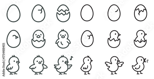 Hatching chick outline icons set – line, silhouette, baby bird and egg symbols.