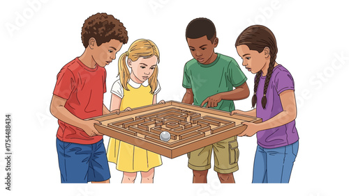 Focused Minds: A quartet of children huddles intently around a game, their attention fixed on the challenge at hand, representing collaboration, focus, and playful engagement.