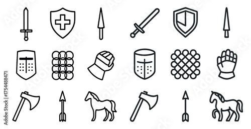 Medieval weapons outline icons set – line, flat, ancient warfare and armor symbols