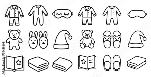 Sleep and bedtime outline icons set – linear, silhouette, nightwear and relaxation symbols
