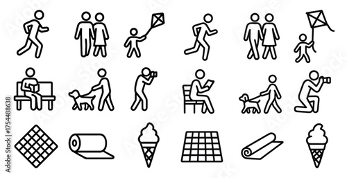 Family and leisure outline icons set – linear, silhouette, outdoor activities symbols