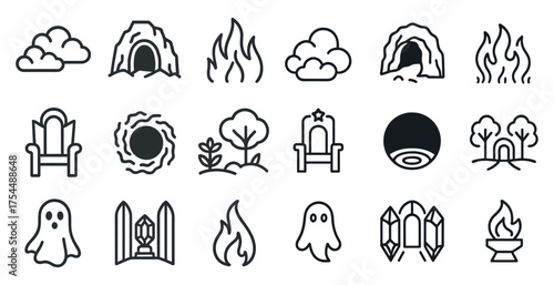 Nature and fantasy outline icons set – flat, linear, adventure and mystical symbols