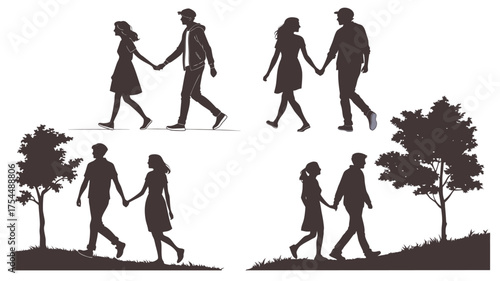 couple silhouettes  : couple walking hand in hand in park silhouette: romantic outdoor scene for stock