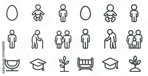 Family and life outline icons set – linear, silhouettes, home and lifestyle symbols