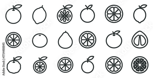 Fruit and citrus outline icons set – line, minimal, fresh produce symbols
