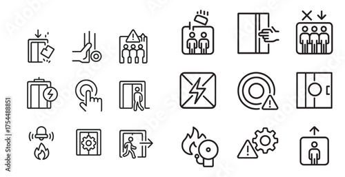 Emergency evacuation outline icons set – linear, alert, safety symbols