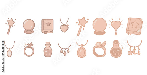 Magic and fantasy icons set - flat, outline, mystical and enchanted symbols