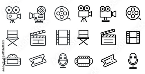 Film and cinema line icons set – outline, linear, movie and entertainment symbols