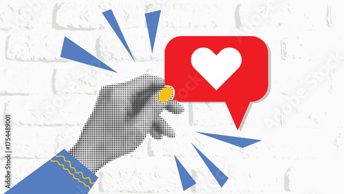 Social media like concept. Collage style banner with halftone elements. Hand holding heart icon. Contemporary design, vector graphic
