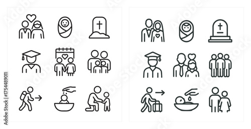 Family and relationship outline icons set – linear, line, love and community symbols.
