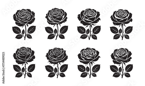 Black Rose Vector Set – Elegant Monochrome Floral Illustration Collection