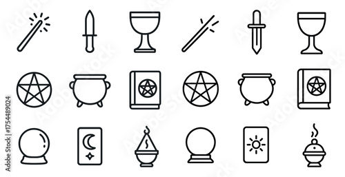 Magic and witchcraft outline icons set – mystical, enchanted, spell symbols