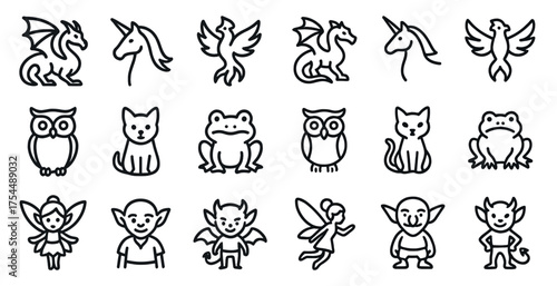 Fantasy and creature outline icons set – silhouette, mythical, magic symbols