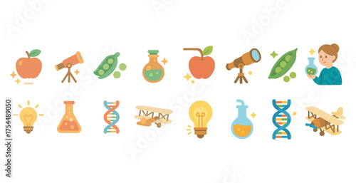 Science and education flat icons set – learning, research, academic symbols.