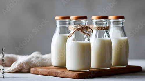 Fresh Milk Bottles Natural Farm Healthy Food Product Wooden Table Rustic Organic