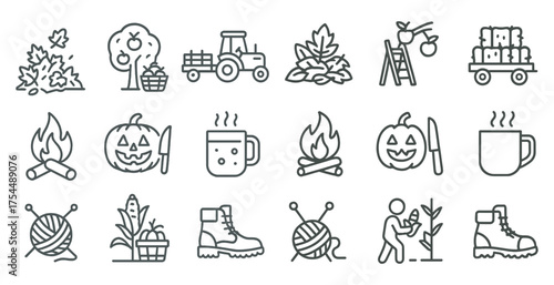Harvest and farming outline icons set – linear, agriculture, garden symbols.