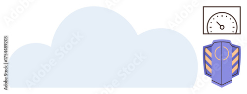 Cloud with shield symbolizing cybersecurity and performance gauge representing speed and efficiency. Ideal for technology, security, cloud computing, data protection, optimization, performance