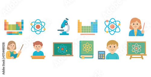 Science education flat icons set – learning, academic, stem symbols for teaching