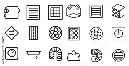 Home ventilation outline icons set – linear, hvac, air circulation symbols
