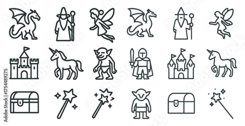 Fantasy and magic icons set – outline, linear, mythical and fairy tale symbols.