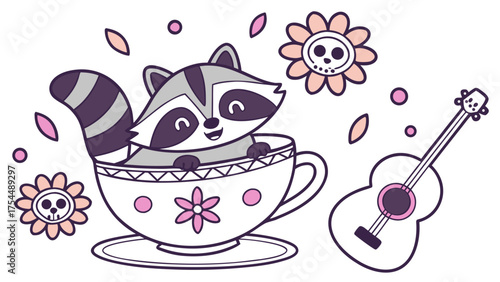 Playful Excited Raccoon design, styled with in a teacup and Day of the Dead shades in a Dia de los Muertos setting