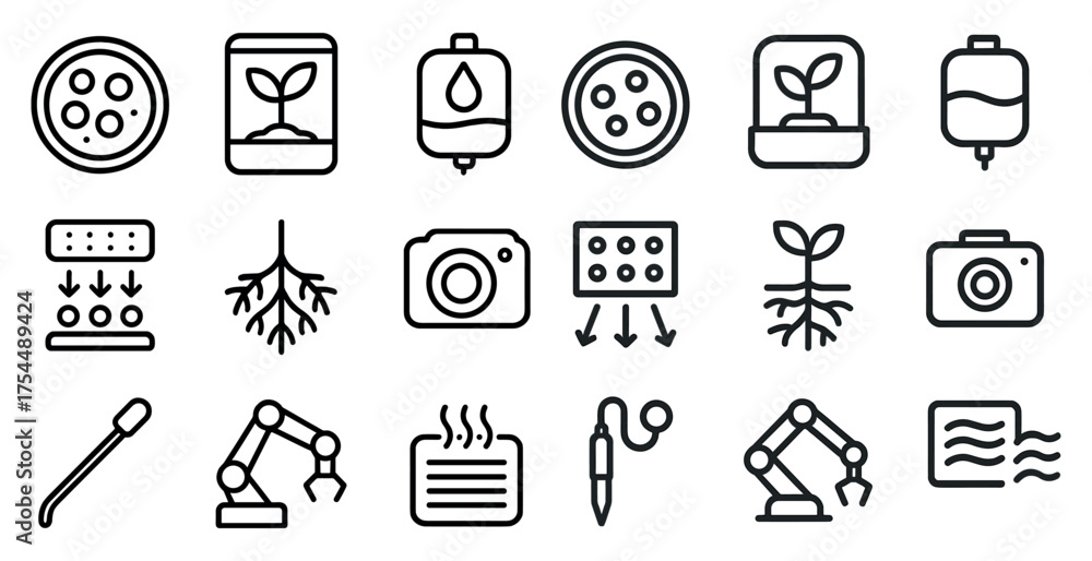Fototapeta premium Biotechnology and science icons set – outline, linear, research and lab symbols